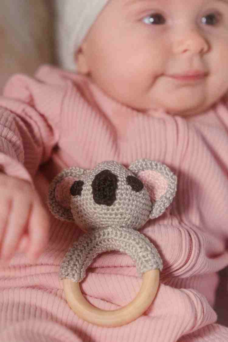 Organic Cotton Crochet Baby Toy in Grey Natural Handmade NEOCOCO